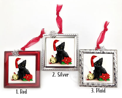 Black Kitten Ornament / Black Cat Ornament / Personalized Cat Ornament / Cat Ornament / Cat Lovers Gift / Santa Cat Ornament / Santa Cat / Square Ornament