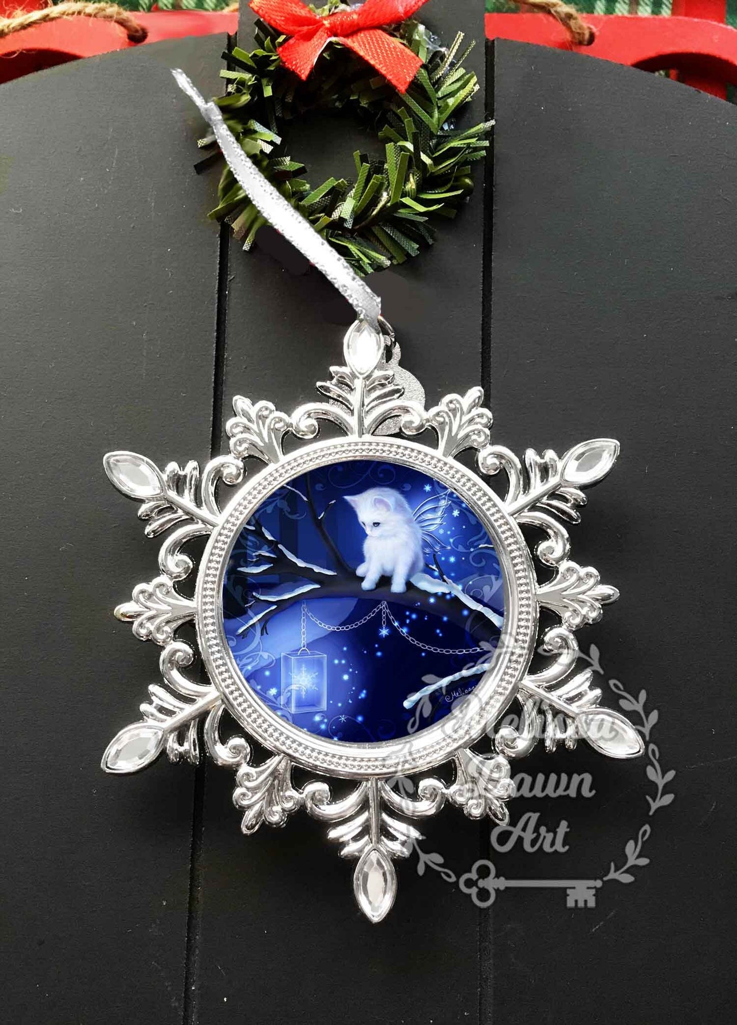 Silver Ornament / Christmas Ornament / Cat Ornament / White Cat Ornament / Snowflake Fairytail / Metal Ornament / Snowflake Ornament