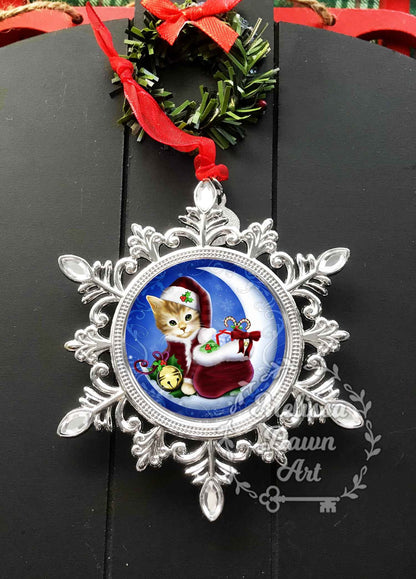 Tabby Cat Ornament / Cat Lover Gift / Christmas Ornament / Custom Cat Ornament / Tabby Cat / Santa Claus Cat Moon / Snowflake Ornament