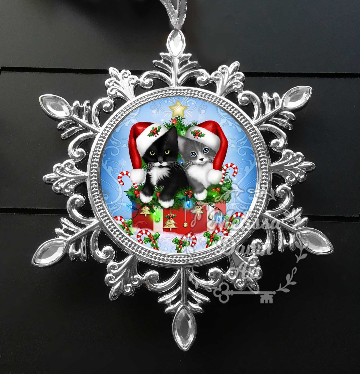 Custom Cat Ornament / Cat Ornament / Cat Lovers Gift / Tuxedo Cat Ornament / Grey Cat Ornament / Candy Cane Lane / Snowflake Ornament