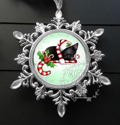 Custom Cat Ornament / Black Cat Ornament / Black Cat Art / Cat Christmas Ornament / Ornament / Candy Cane Christmas / Snowflake Ornament