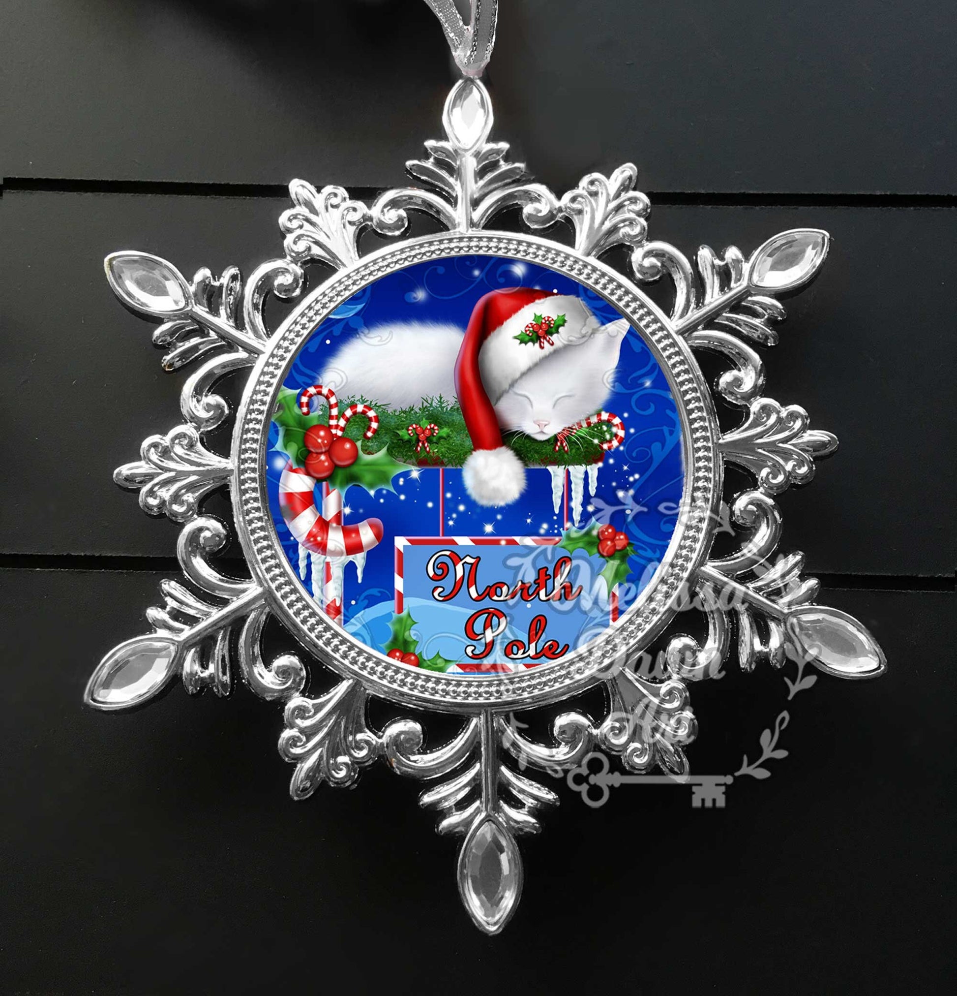 White Cat Ornament / Custom Cat Ornament / Cat Christmas Ornament / Cat Lover Gift / White Cat Gift / North Pole Kitten / Snowflake Ornament