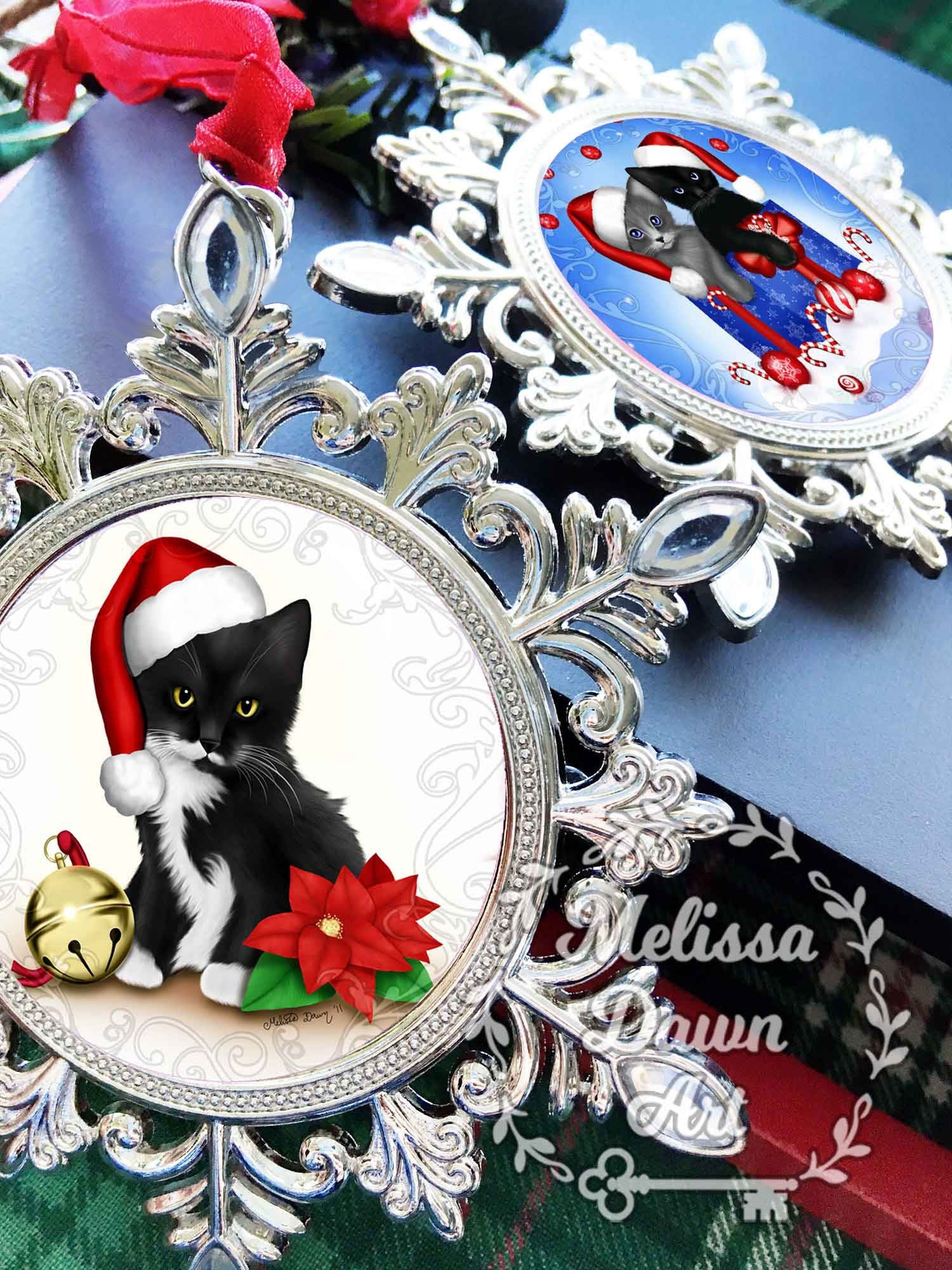 Tuxedo Cat Ornament / Personalized Cat Ornament / Cat Ornament / Tuxedo Memorial / Santa Cat Ornament / Cat in Santa Hat / Tuxedo Ornament