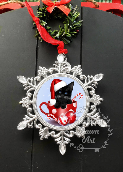 Personalized Cat Ornament / Black Cat Ornament / Custom Cat Ornament / Black Cat Art / Cat Christmas Ornament / Ornament / Candy Cane Cheer