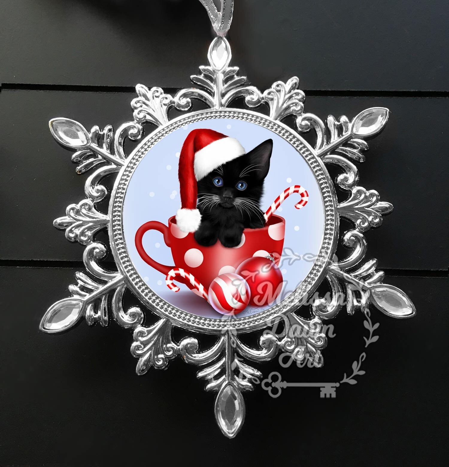 Personalized Cat Ornament / Black Cat Ornament / Custom Cat Ornament / Black Cat Art / Cat Christmas Ornament / Ornament / Candy Cane Cheer