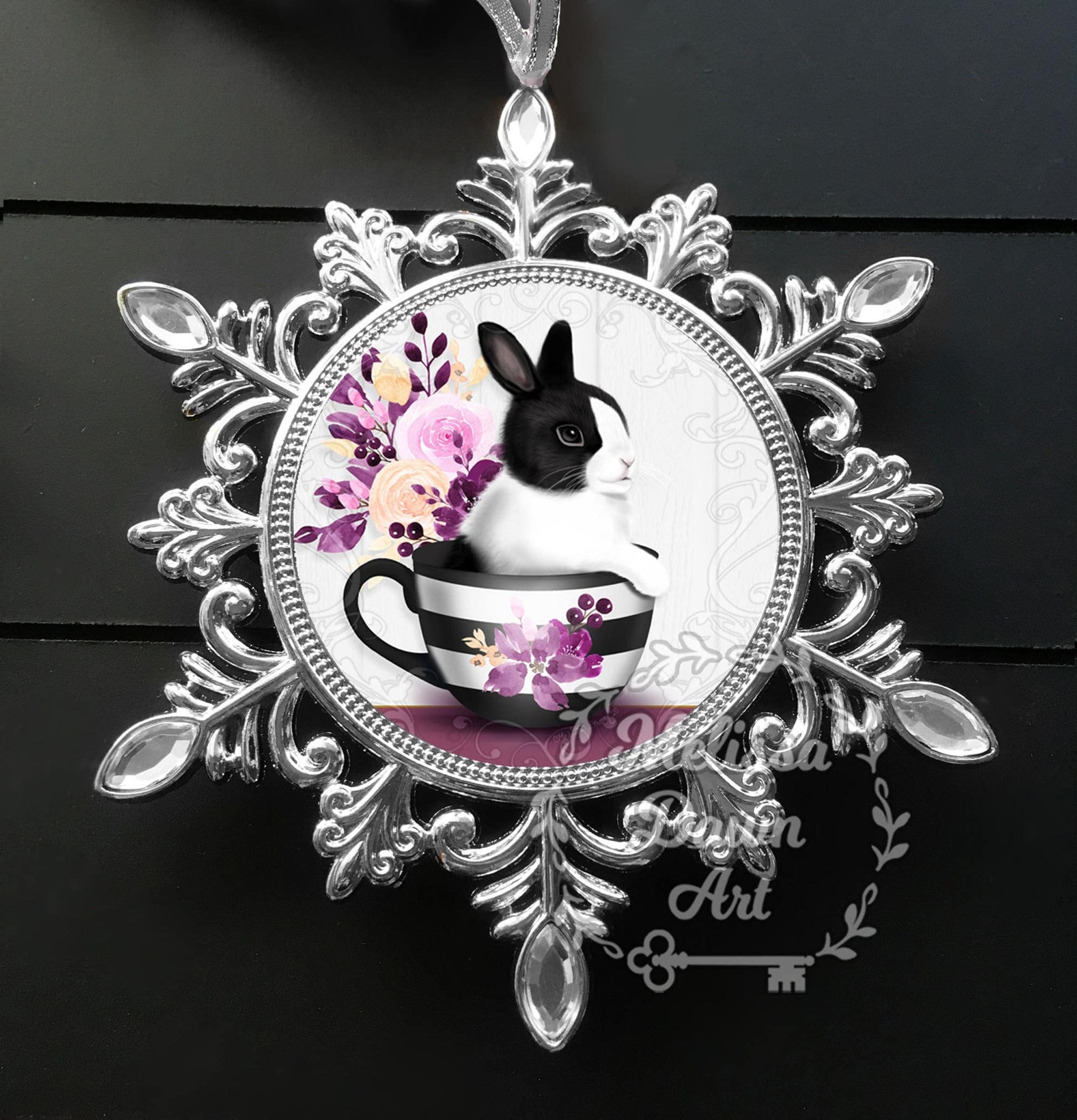 Rabbit Ornament/ Custom Bunny Ornament / Tea Ornament / Personalized Bunny Ornament / Dutch Bunny Ornament / Black White Bunny / Dutch Bunny