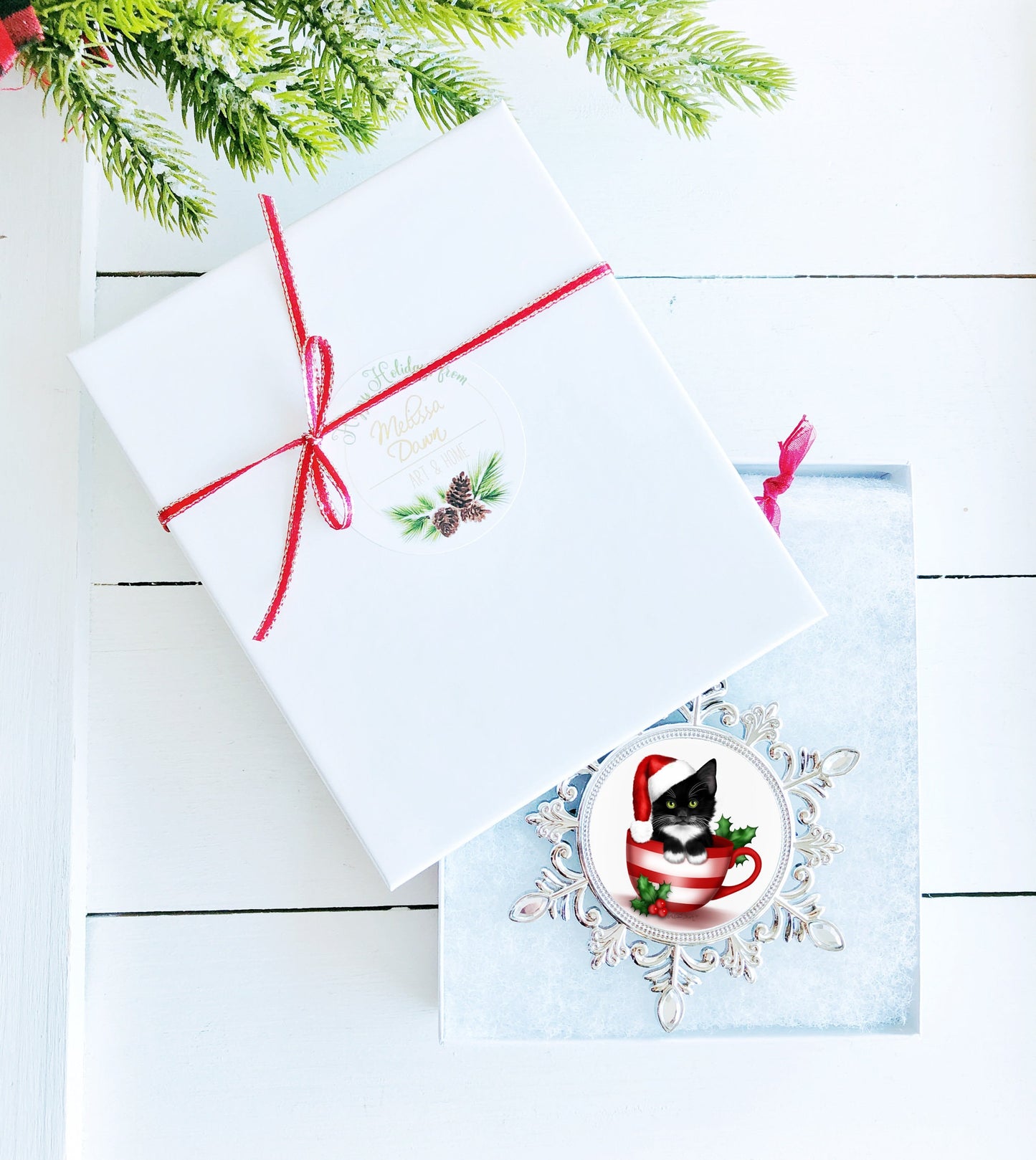 Tabby Cat Ornament / Cat Ornament / Brown Tabby / Gold Tabby / Christmas Cat Art / Reindeer Cat / Reindeer Stocking / Snowflake Ornament