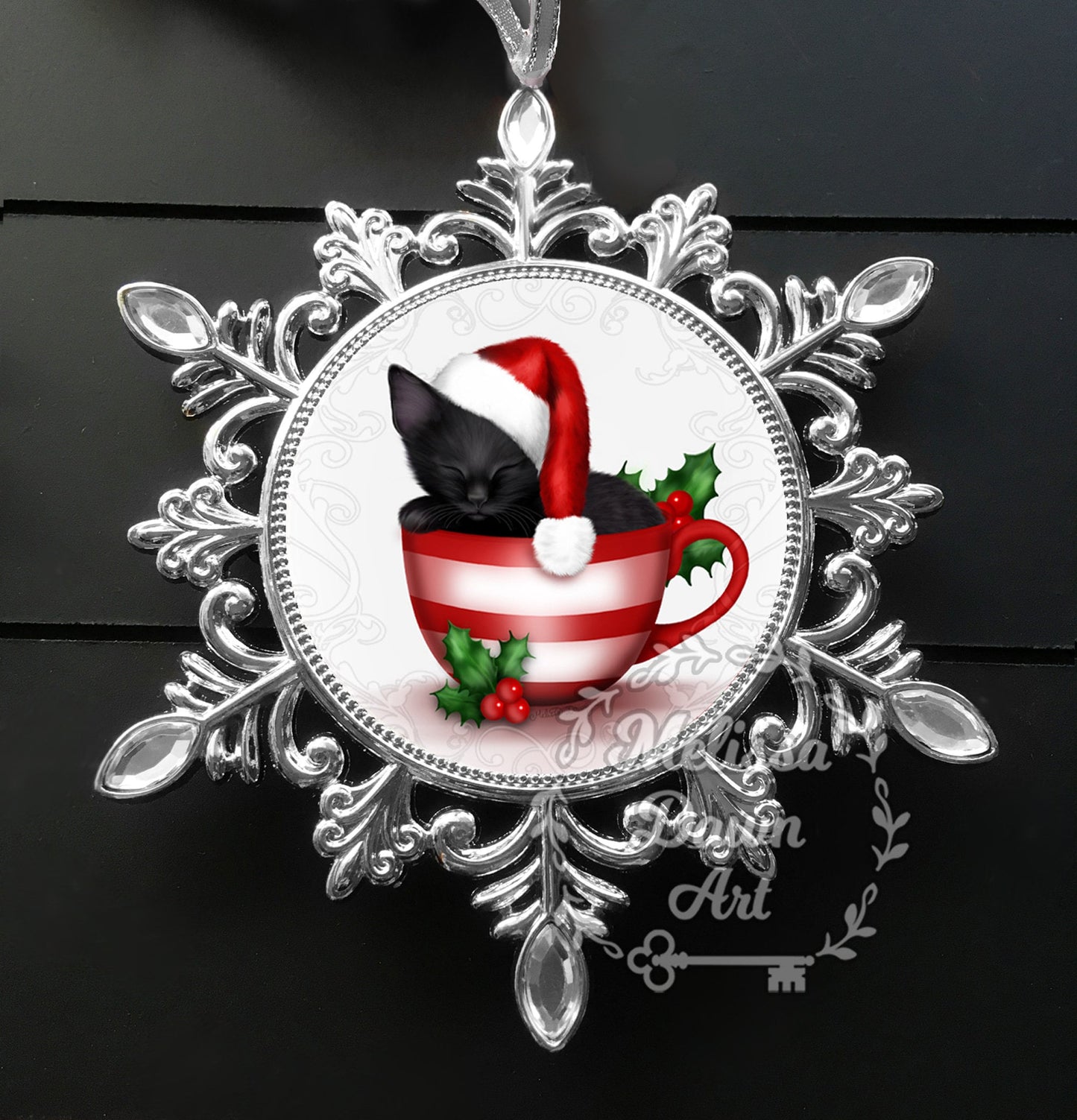 Personalized Cat Ornament / Black Cat Ornament / Custom Cat Ornament / Black Cat Art / Cat Christmas Ornament / Santa Cat / Cat in Santa Hat