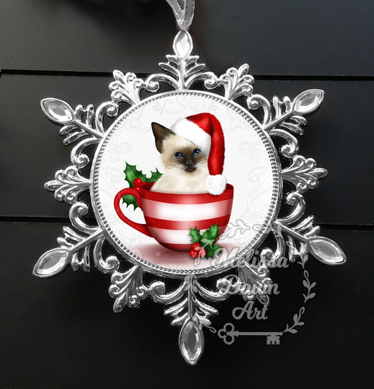 Siamese Cat Ornament / Personalize Cat Ornament / Cat Ornament / Siamese Memorial / Santa Cat Ornament / Cat in Santa Hat / Siamese Ornament