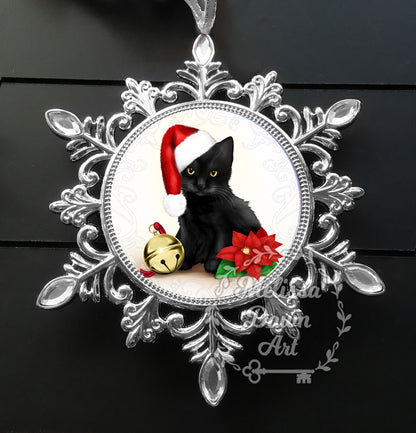 Personalized Cat Ornament / Black Cat Ornament / Custom Cat Ornament / Black Cat Art / Cat Christmas Ornament / Santa Cat / Cat in Santa Hat