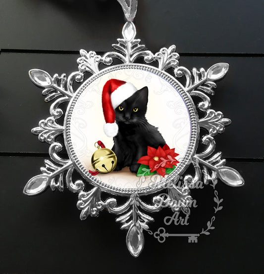 Personalized Cat Ornament / Black Cat Ornament / Custom Cat Ornament / Black Cat Art / Cat Christmas Ornament / Santa Cat / Cat in Santa Hat