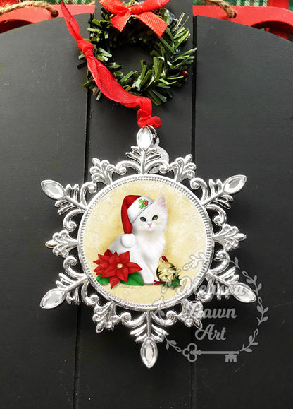 Personalized Cat Ornament / White Cat Ornament / Custom Cat Ornament / White Cat Art / White Cat Christmas Ornament / Santa Cat / Cat Art
