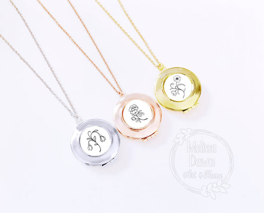 Locket Necklace / Flower Locket / Necklace / Photo Locket / Round Locket / Birth Month Flowers / Birth Month Flower Locket / Picture Locket