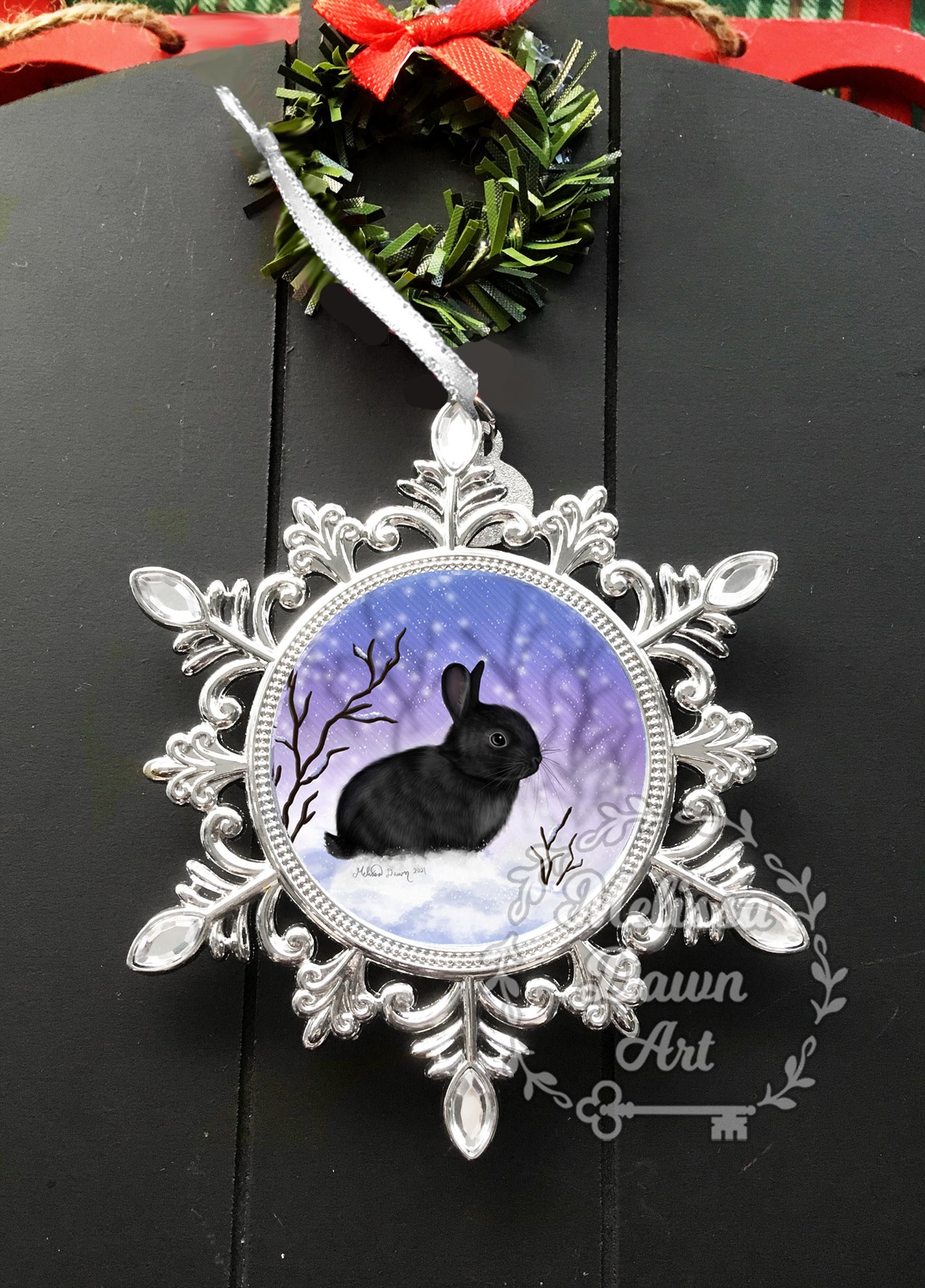 Rabbit Ornament / Custom Bunny Ornament / Snow Bunny Ornament / Personalized Bunny Ornament / Bunny in Snow / Black Bunny / Black Rabbit