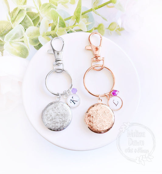 Locket Keychain / Flower Locket / Birthstone Keychain / Photo Locket / Keychain Locket / Custom Photo / Keychain Initial / Memorial Keychain