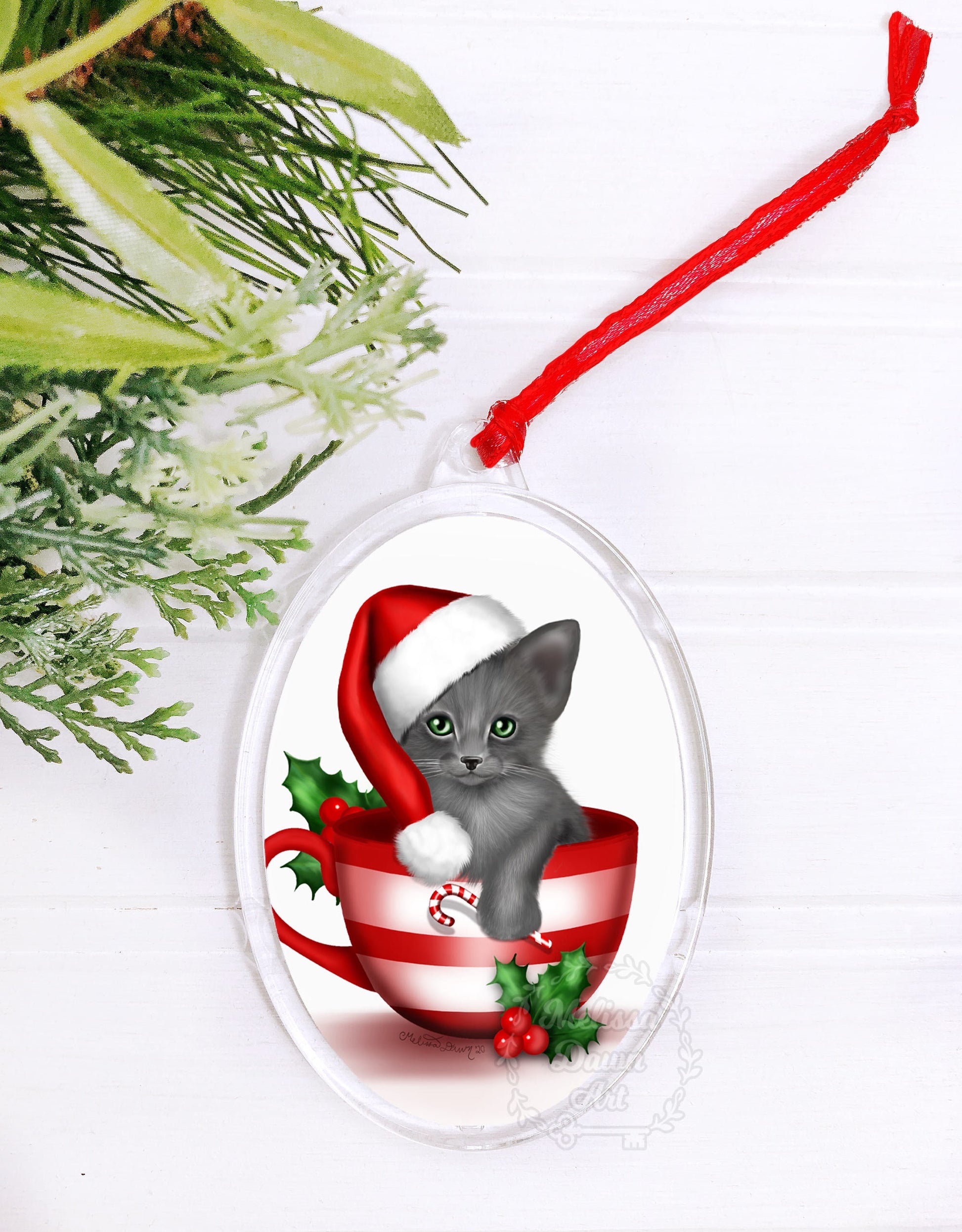 Grey Cat Ornament / Custom Cat Ornament / Cat Christmas Ornament / Personalized Cat Ornament / Russian Blue Cat Ornament / Cat in Cup/ Gray