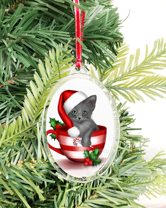 Grey Cat Ornament / Custom Cat Ornament / Cat Christmas Ornament / Personalized Cat Ornament / Russian Blue Cat Ornament / Cat in Cup/ Gray