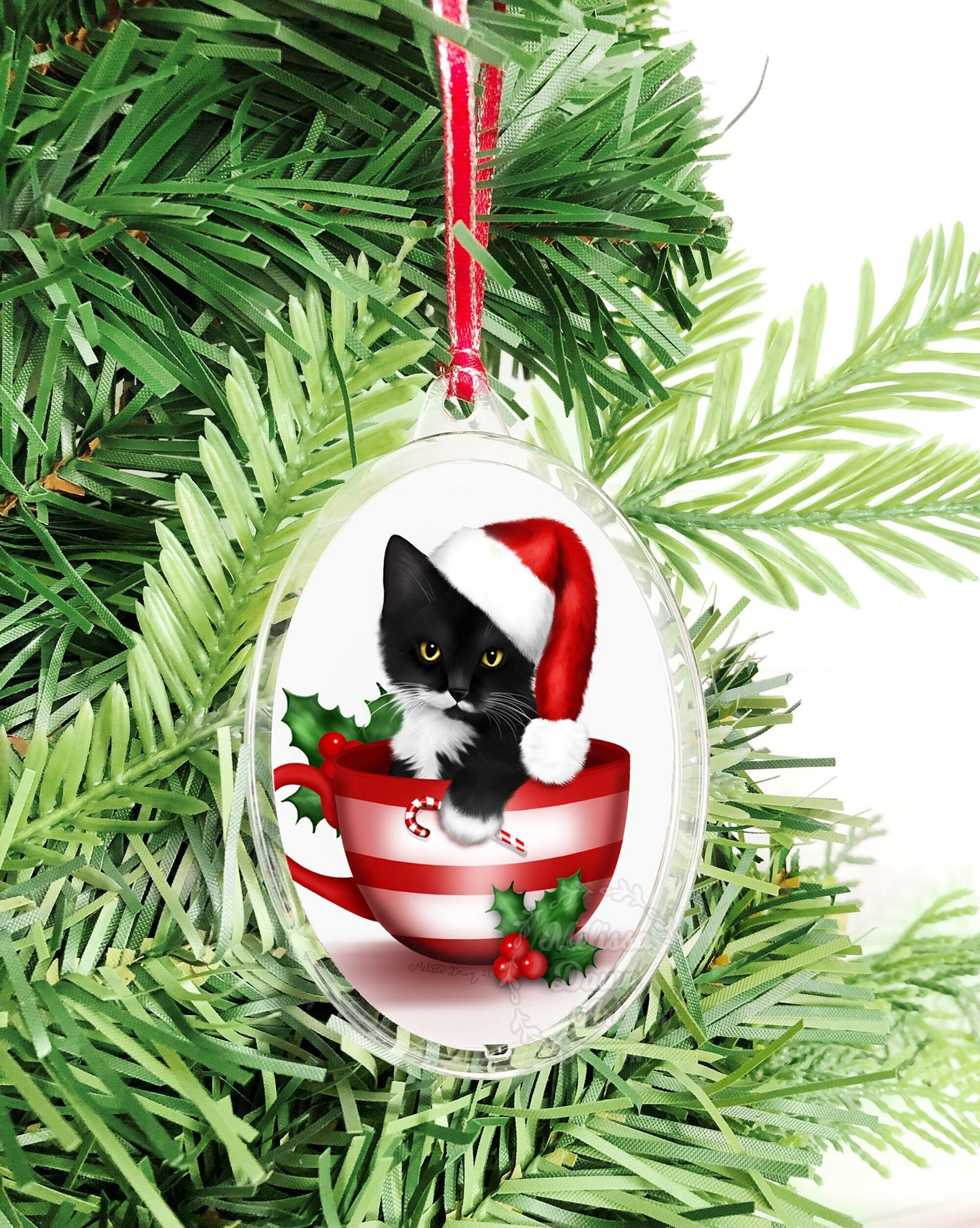 Tuxedo with mustache / Tuxedo Cat Ornament / Cat Lover Gift / Santa Cat Ornament / Christmas Ornament / Santa Cat Ornament / Tuxedo Cat
