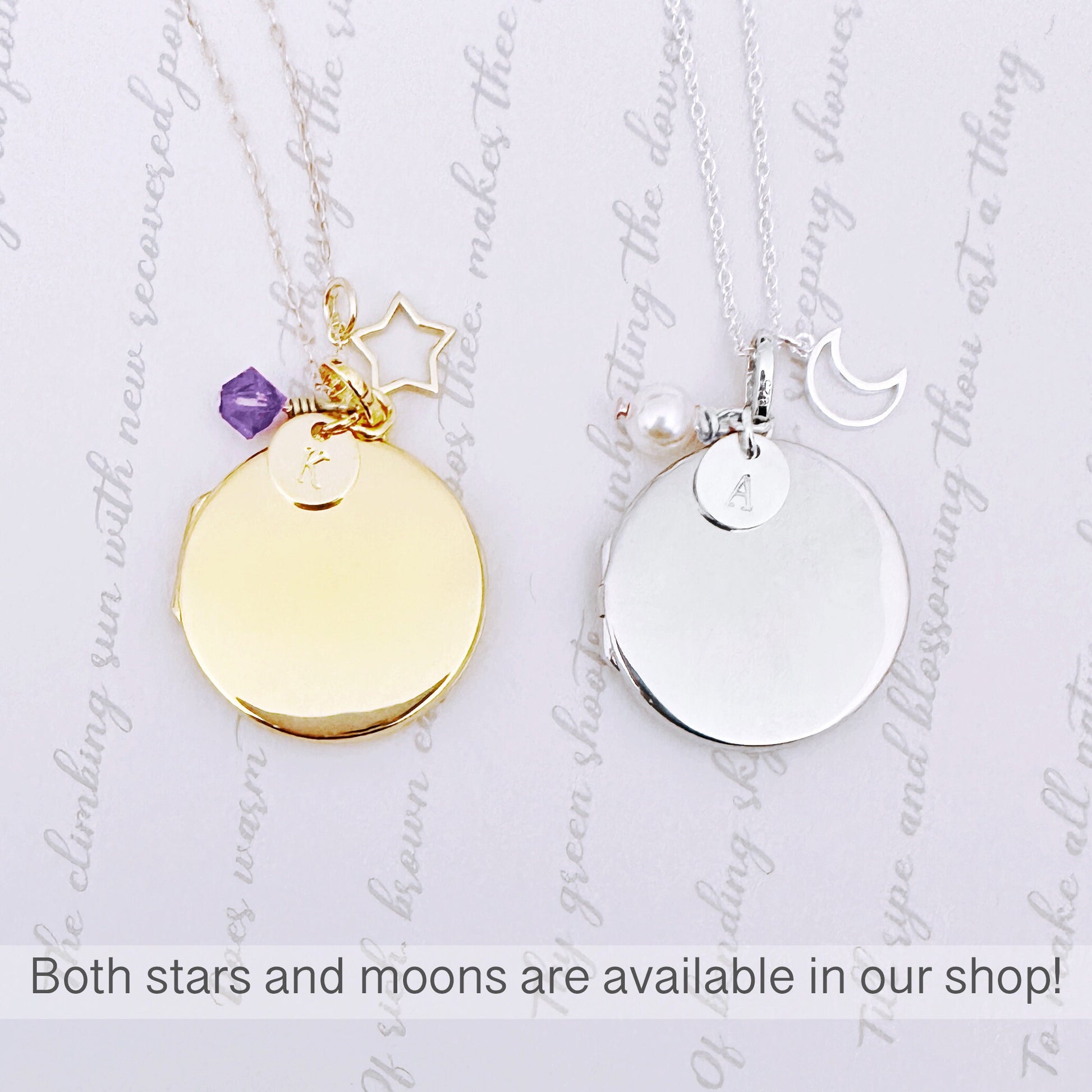 sterling silver locket, locket with moon charm, moon locket, moon necklace, gold filled locket, star charm, star locket